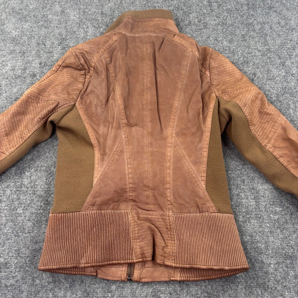 GUESS Moto Jacket Small Brown Faux Leather Ribbed Knit Trim Womens - Picture 4 of 6